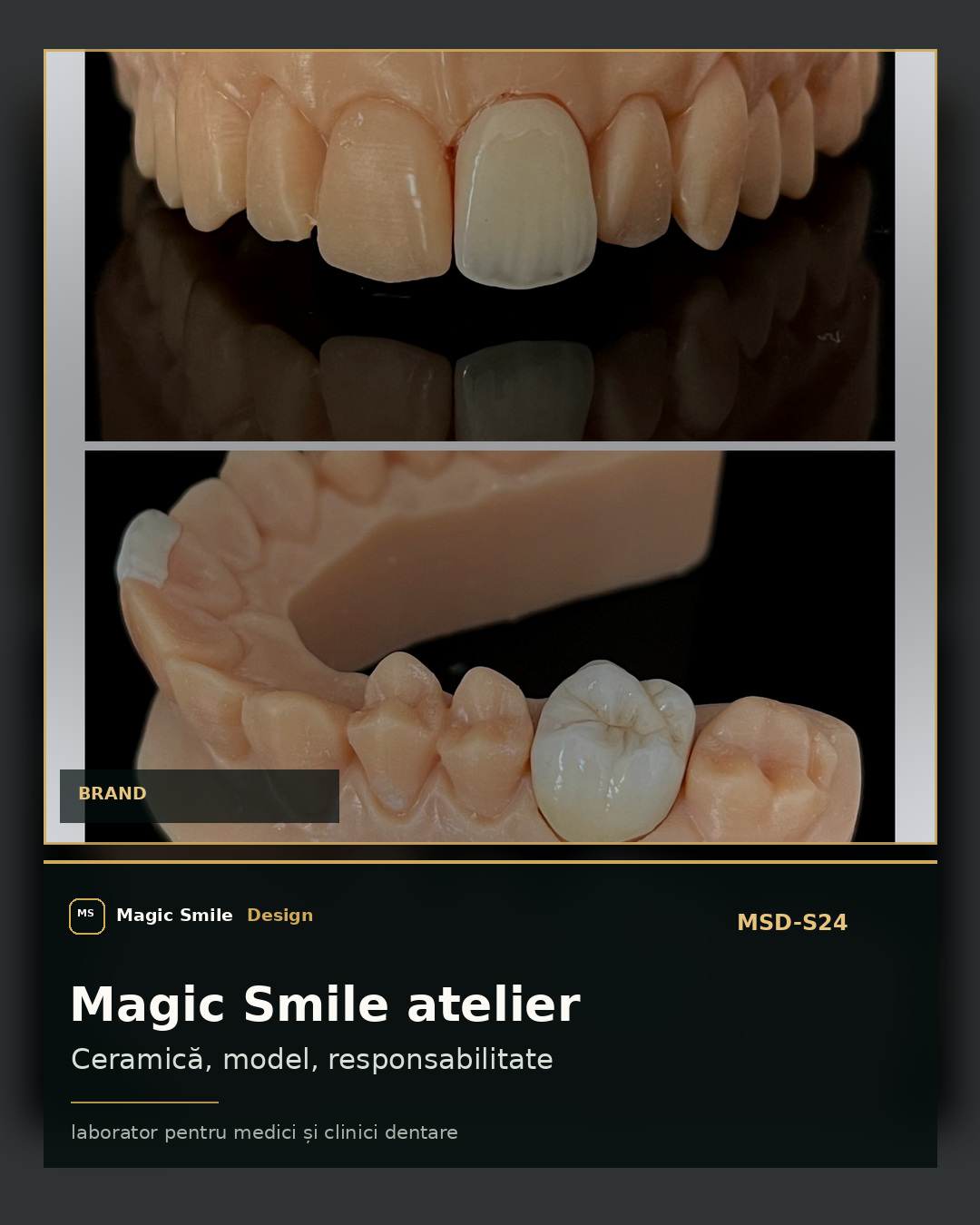 Instagram-ready Magic Smile Design atelier visual with real laboratory context and premium brand styling