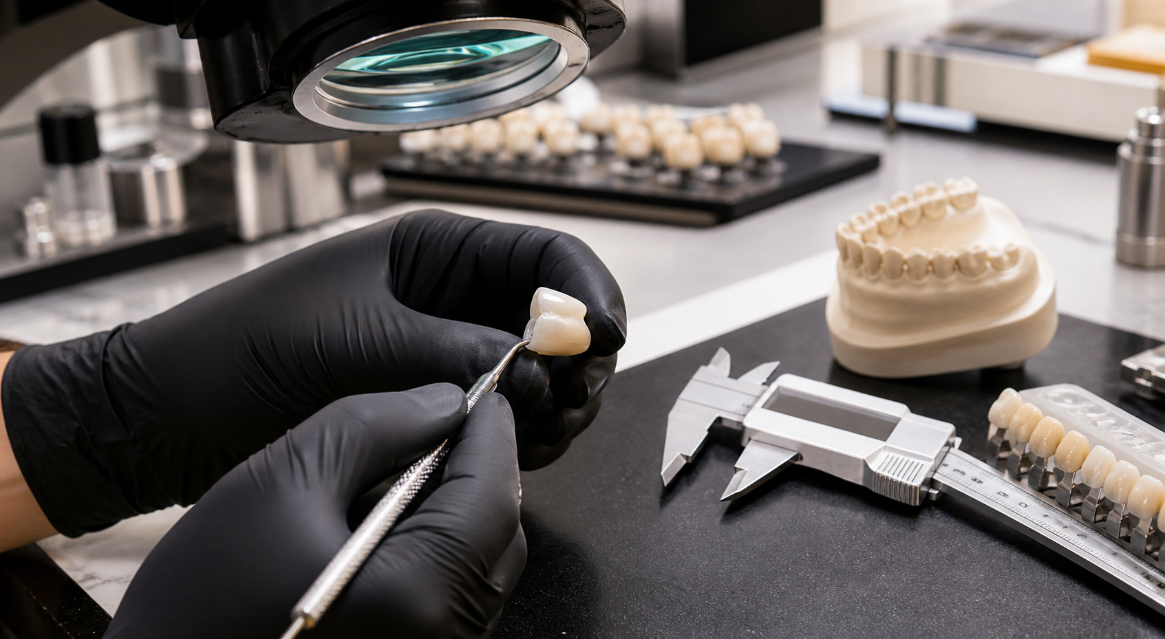 Dental technician inspecting zirconia crown margins during laboratory quality control